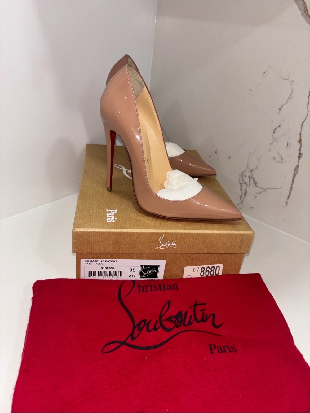Christian Louboutin SO KATE 120 PATENT Leather Pointed Toe Pumps in Nude/